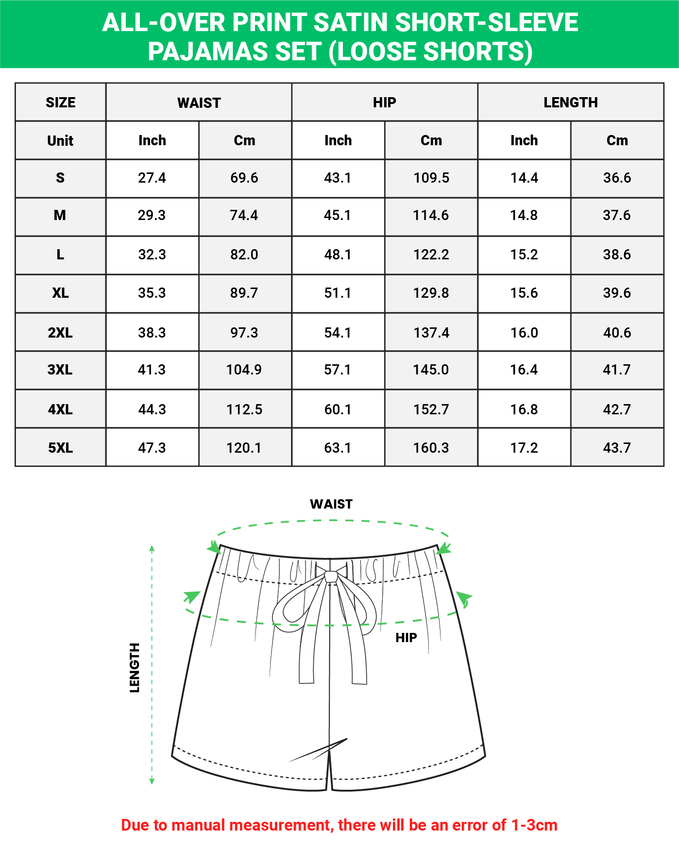 All-over Print Satin Short-Sleeve Pajamas Set (Loose Shorts)