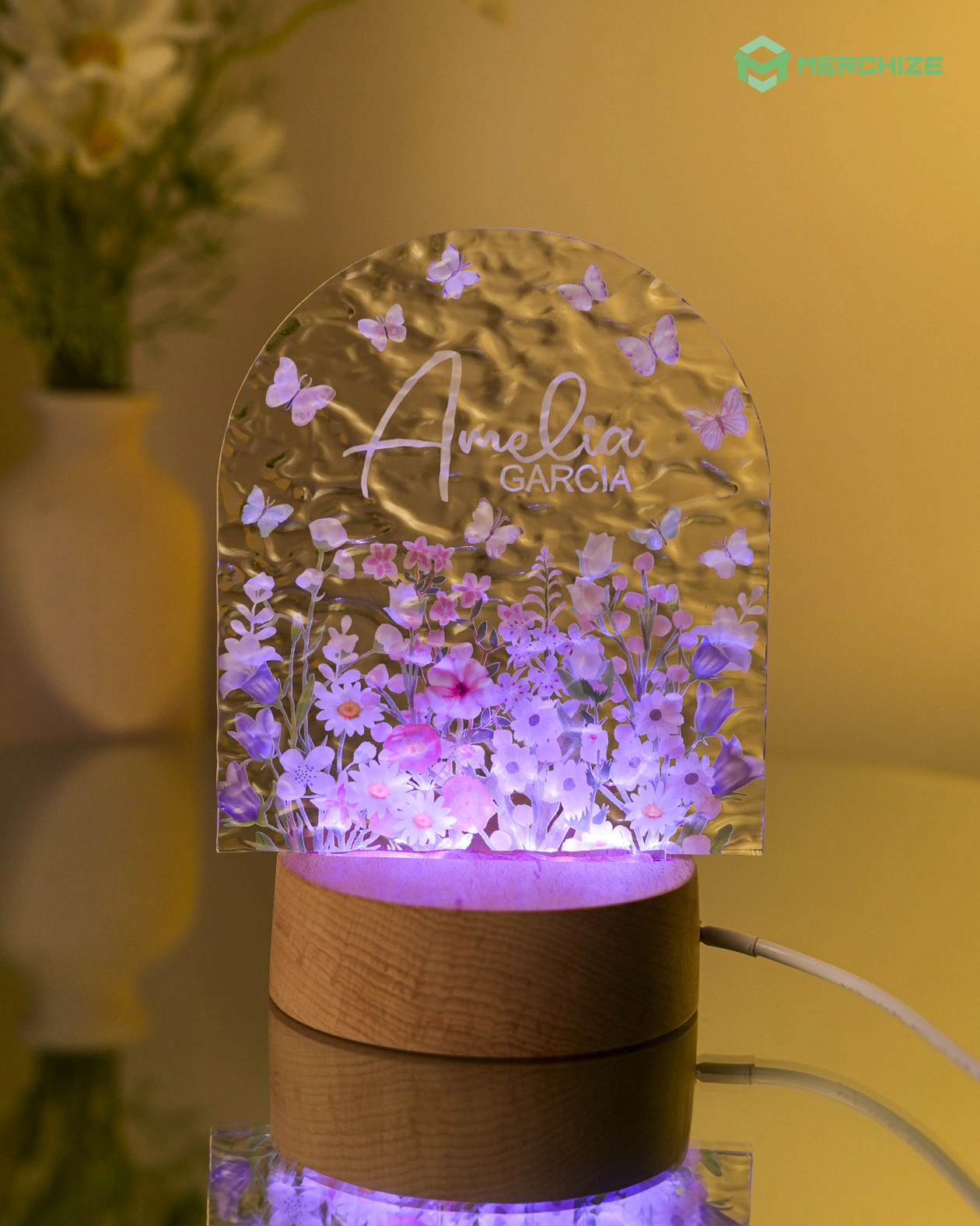 Engraved Custom Shape Wavy Acrylic Photo Night Light (Beech wood base)