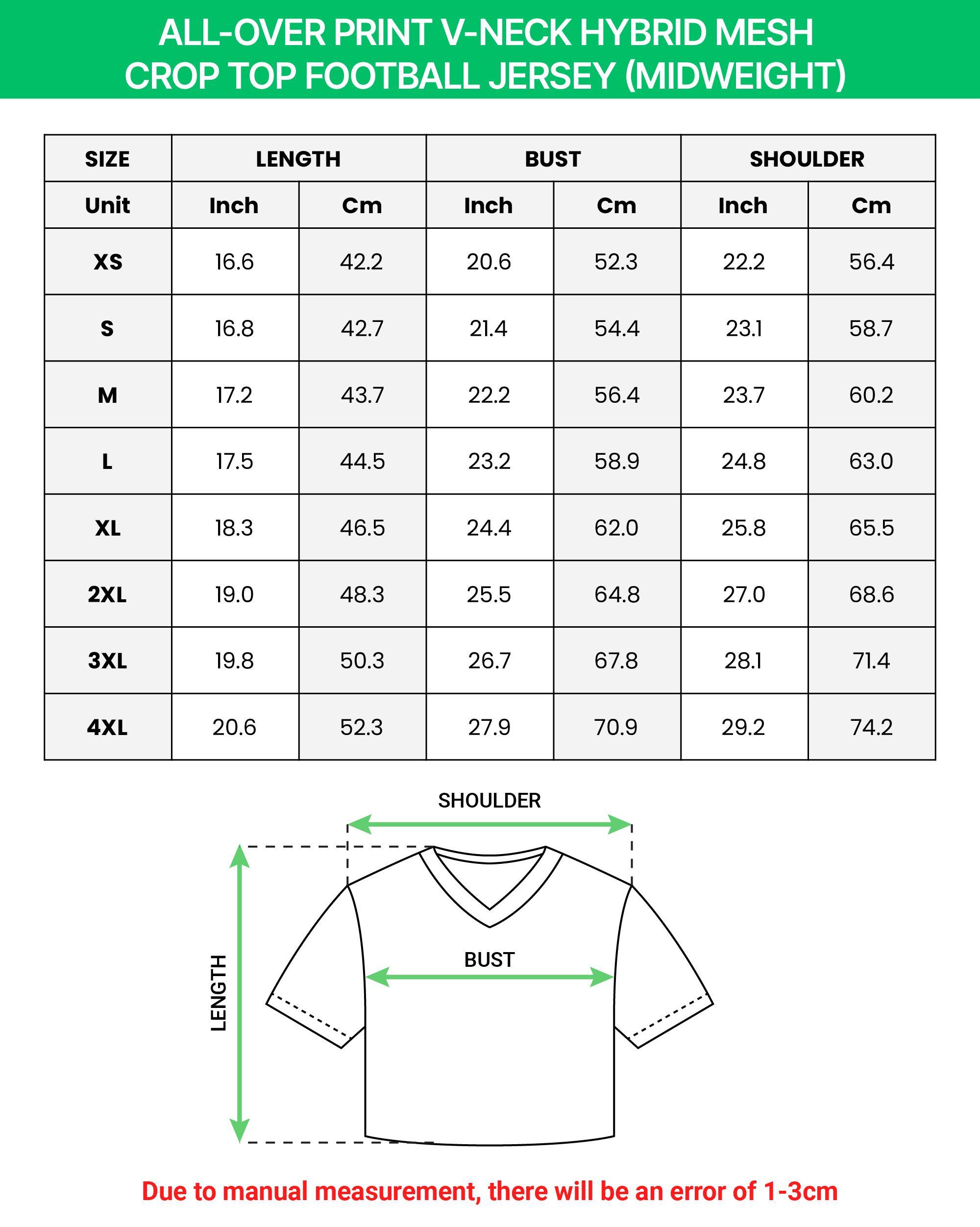 All-over Print V-Neck Hybrid Mesh Crop Top Football Jersey (Midweight)