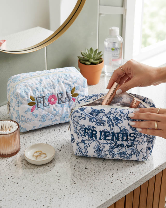 Embroidered Quilted Makeup Pouch