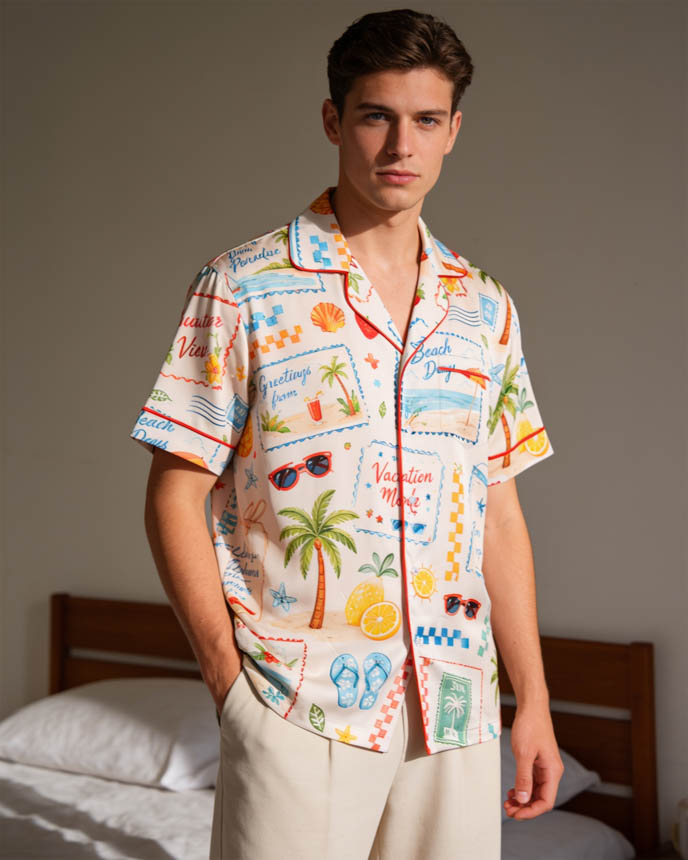 All-over Print Men's Satin Short-Sleeve Pajama Shirt