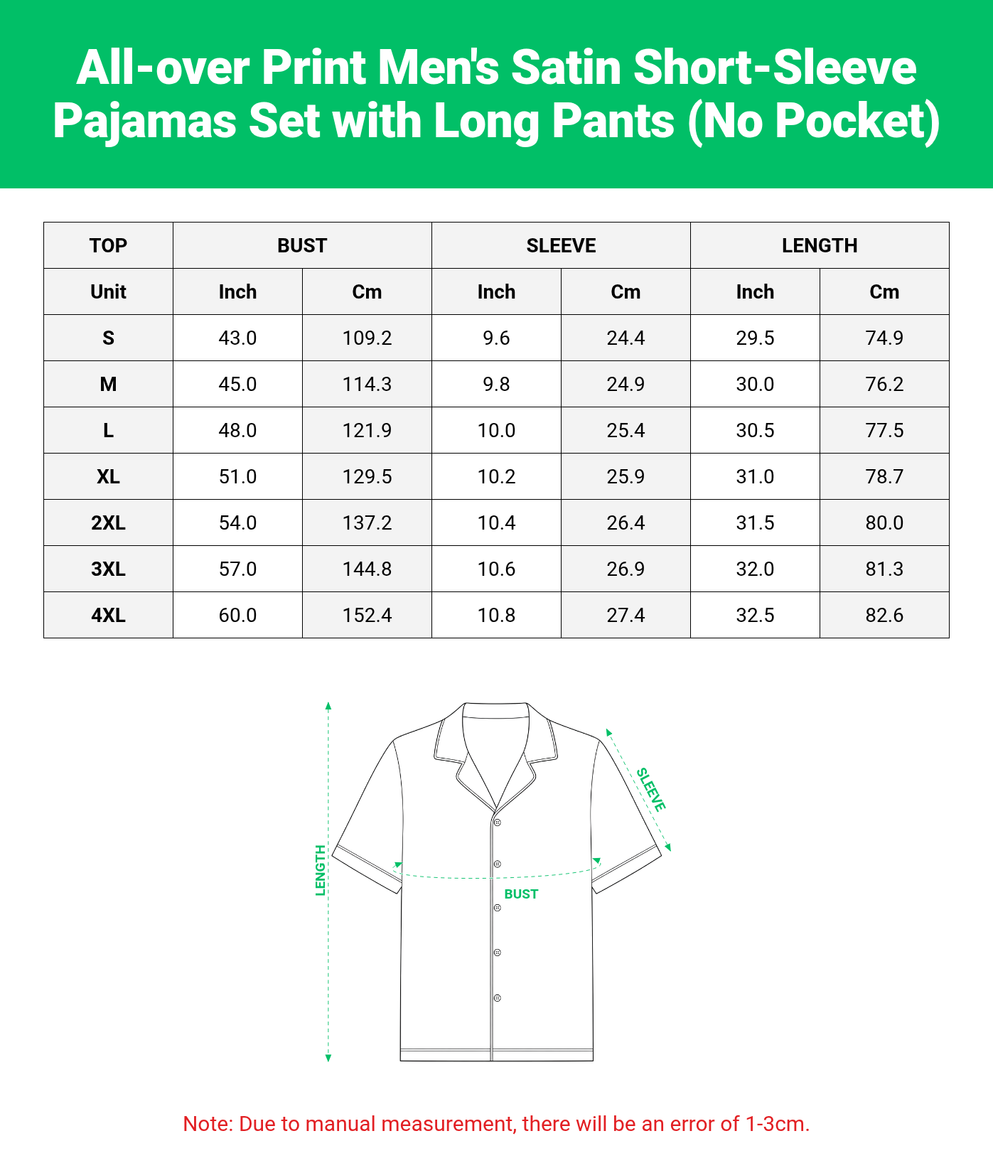 All-over Print Men's Satin Short-Sleeve Pajamas Set with Long Pants (No Pocket)