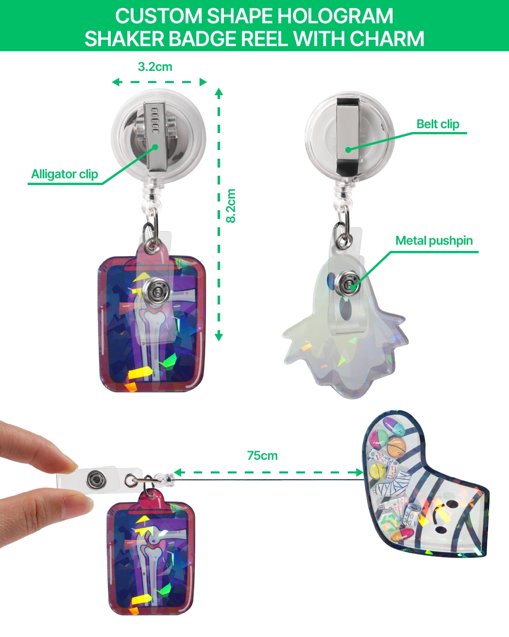 Custom Shape Hologram Shaker Badge Reel With Charm