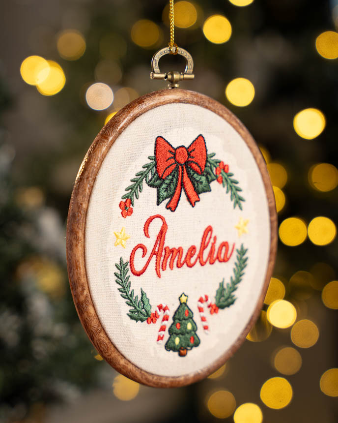Embroidered Faux Wood Hoop Ornament