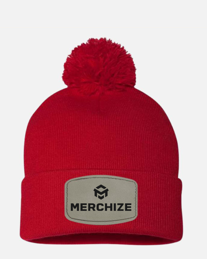 Engraved Leather Patch Pom-Pom Cuffed Beanie SP15 (Made in US) 