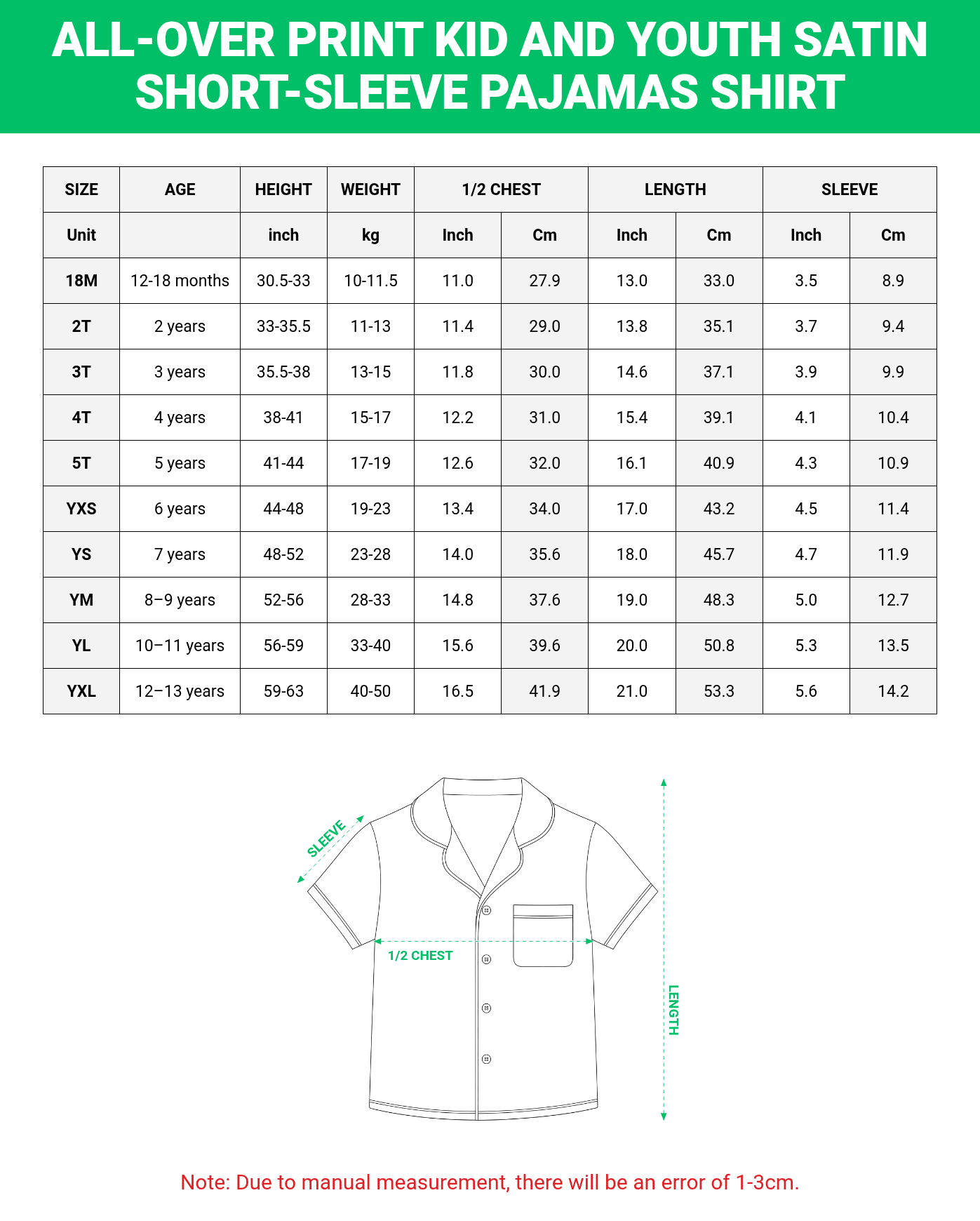 All-over Print Kid and Youth Satin Short-Sleeve Pajama Shirt 