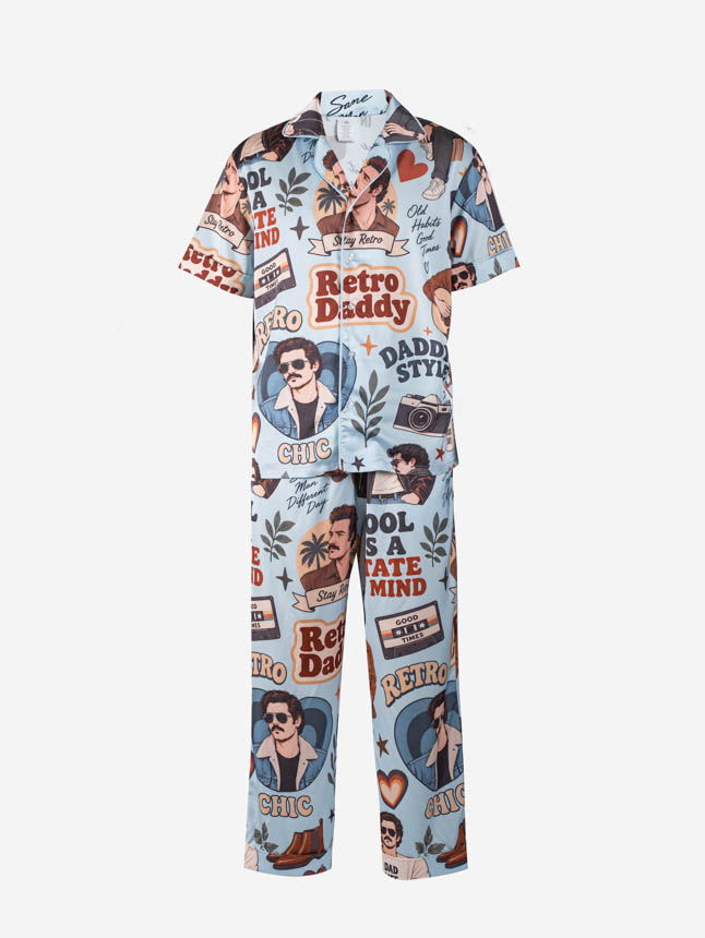 All-over Print Men's Satin Short-Sleeve Pajamas Set with Long Pants (No Pocket)