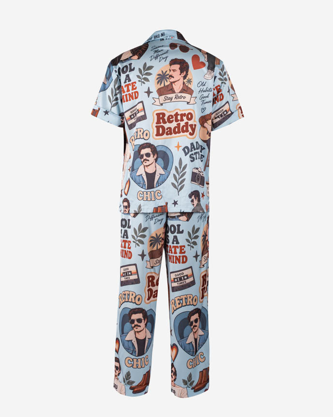 All-over Print Men's Satin Short-Sleeve Pajamas Set with Long Pants (No Pocket)