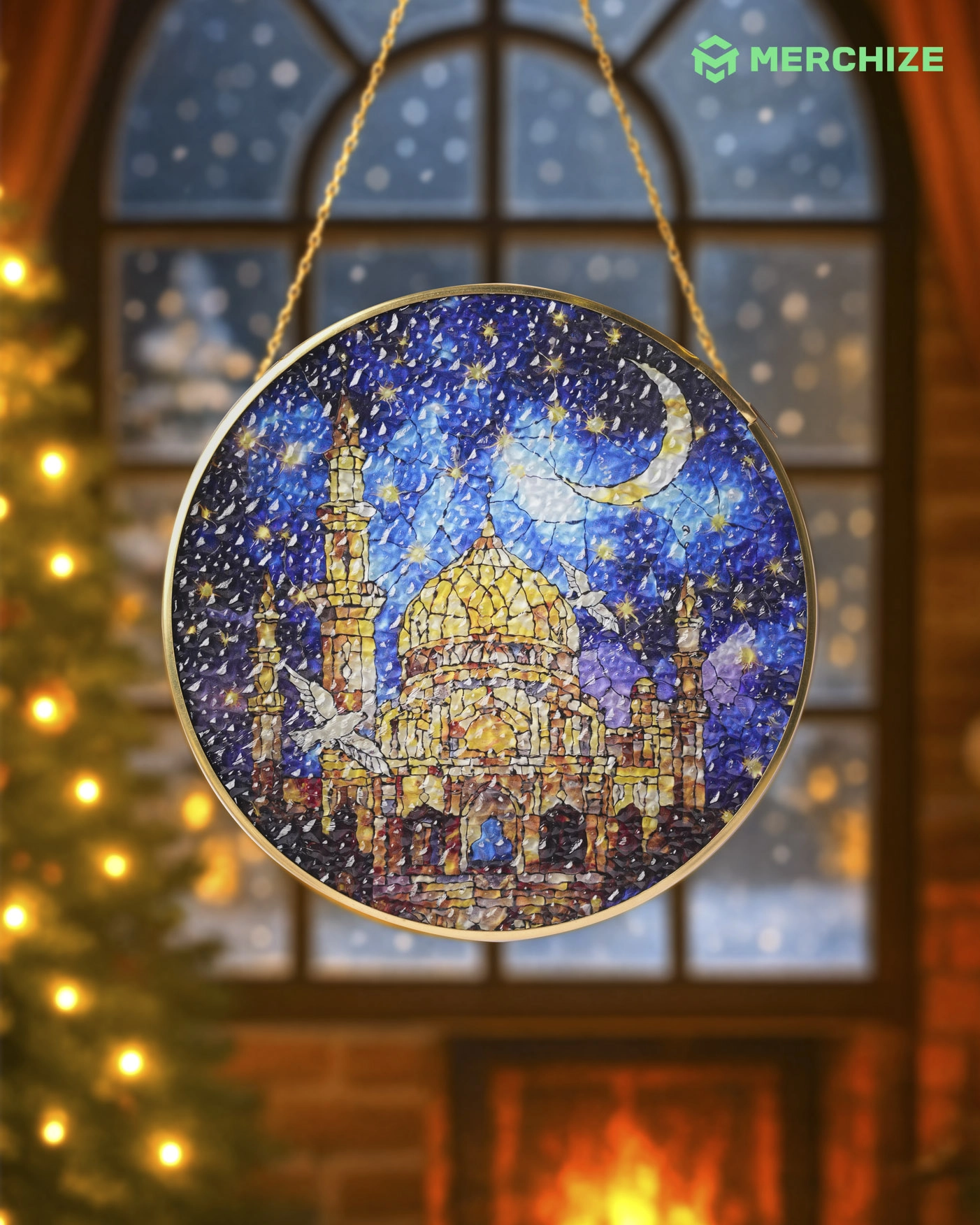 Stained Glass Suncatcher for Window Hanging (Golden Frame)