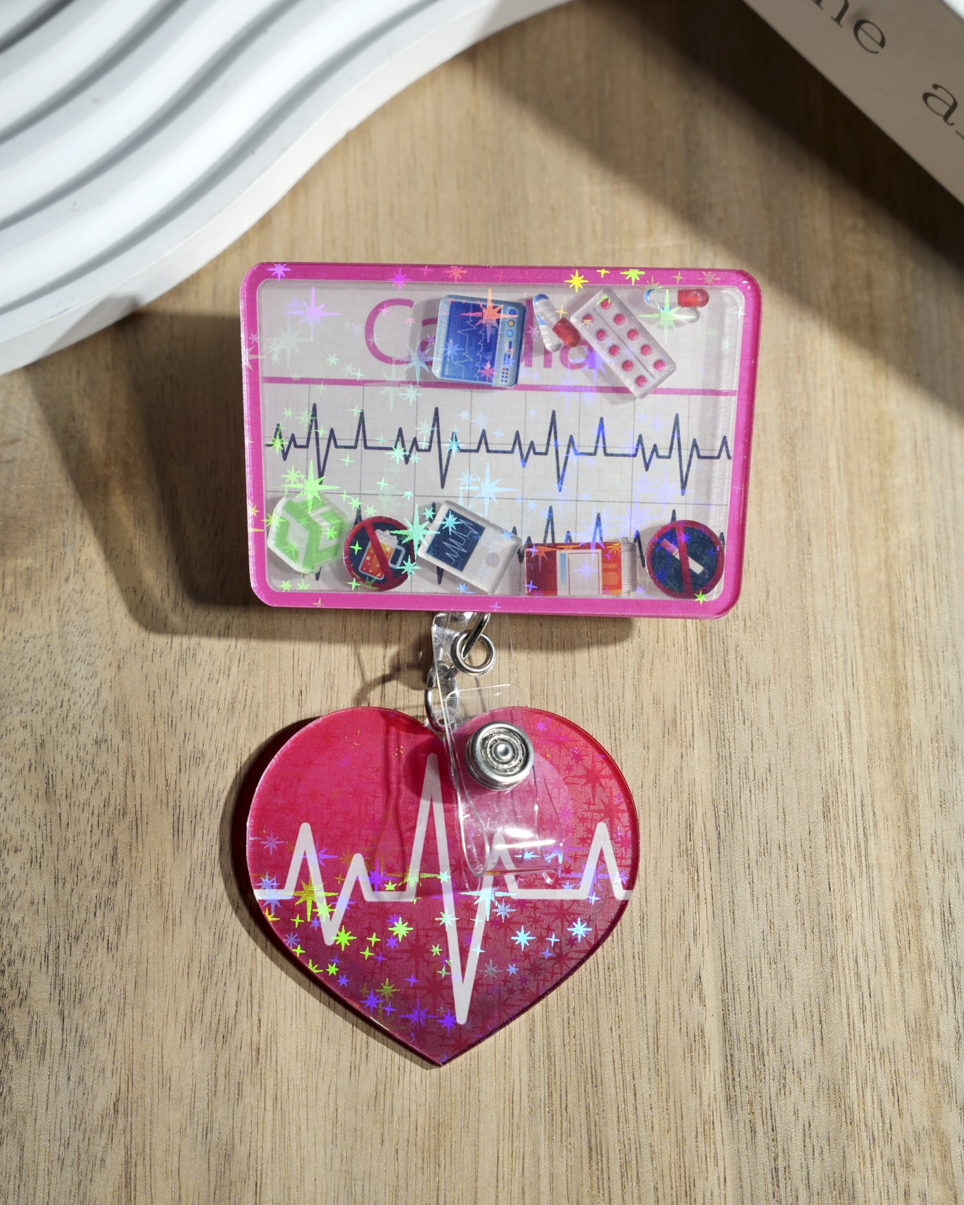 Custom Shape Hologram Shaker Badge Reel With Charm