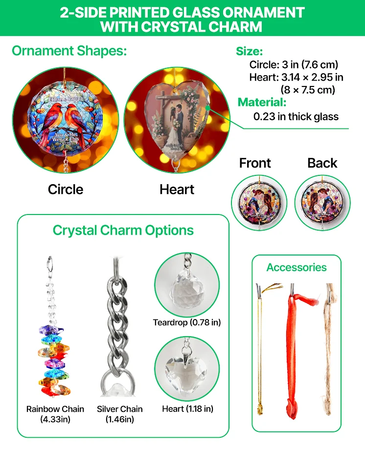 2-side Printed Glass Ornament With Crystal Charm