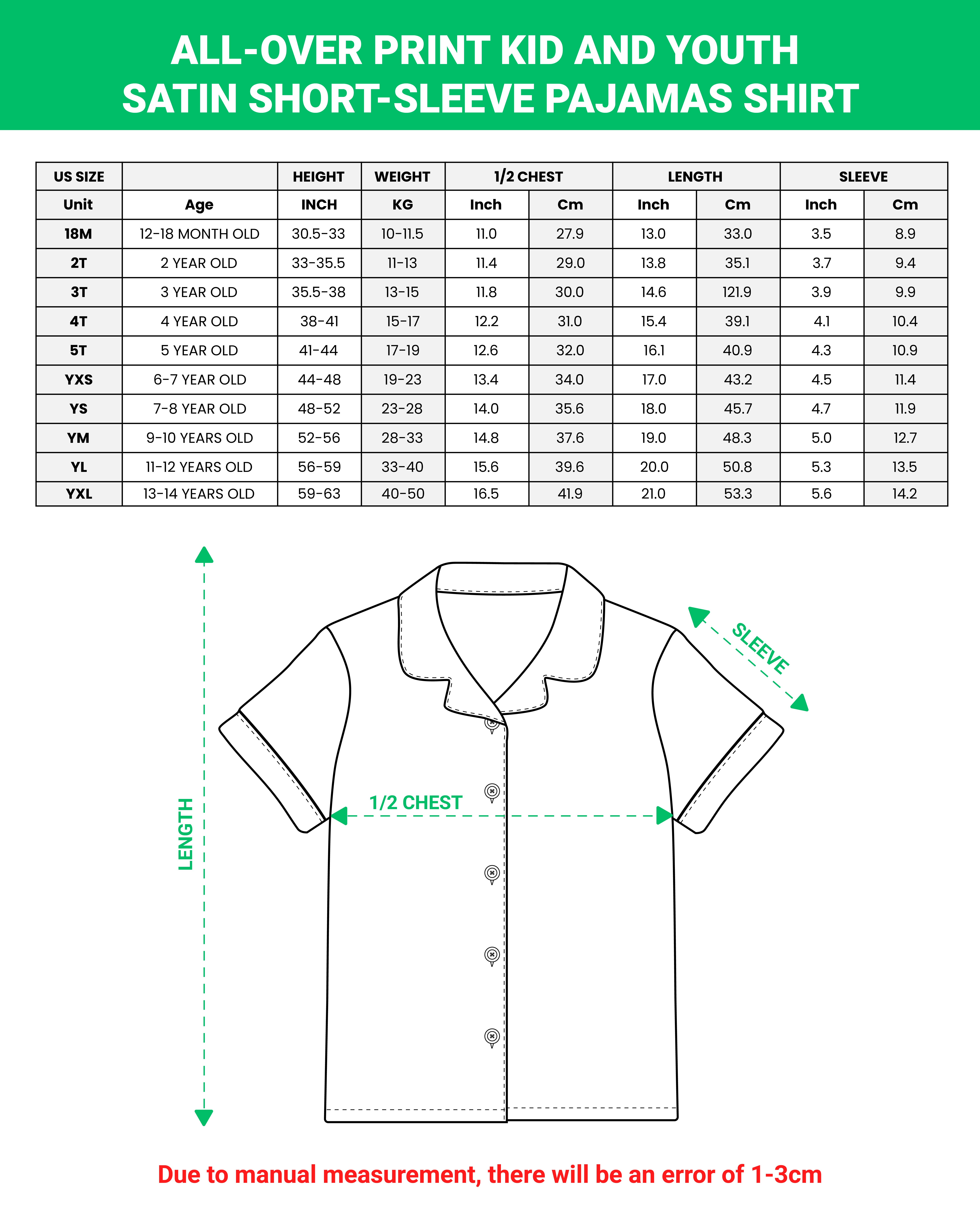 All-over Print Kid and Youth Satin Short-Sleeve Pajama Shirt 