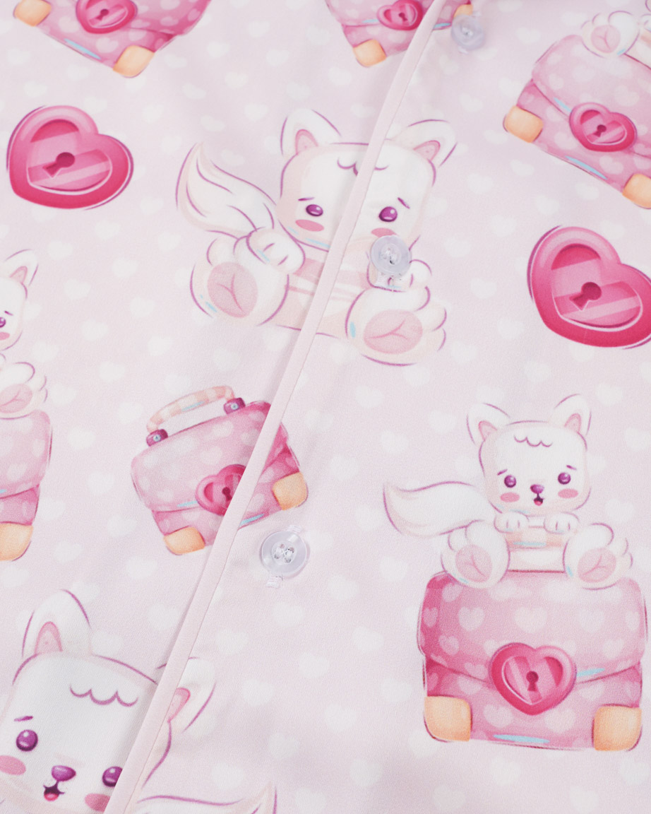 All-over Print Satin Short-Sleeve Pajamas Set (No Pocket)