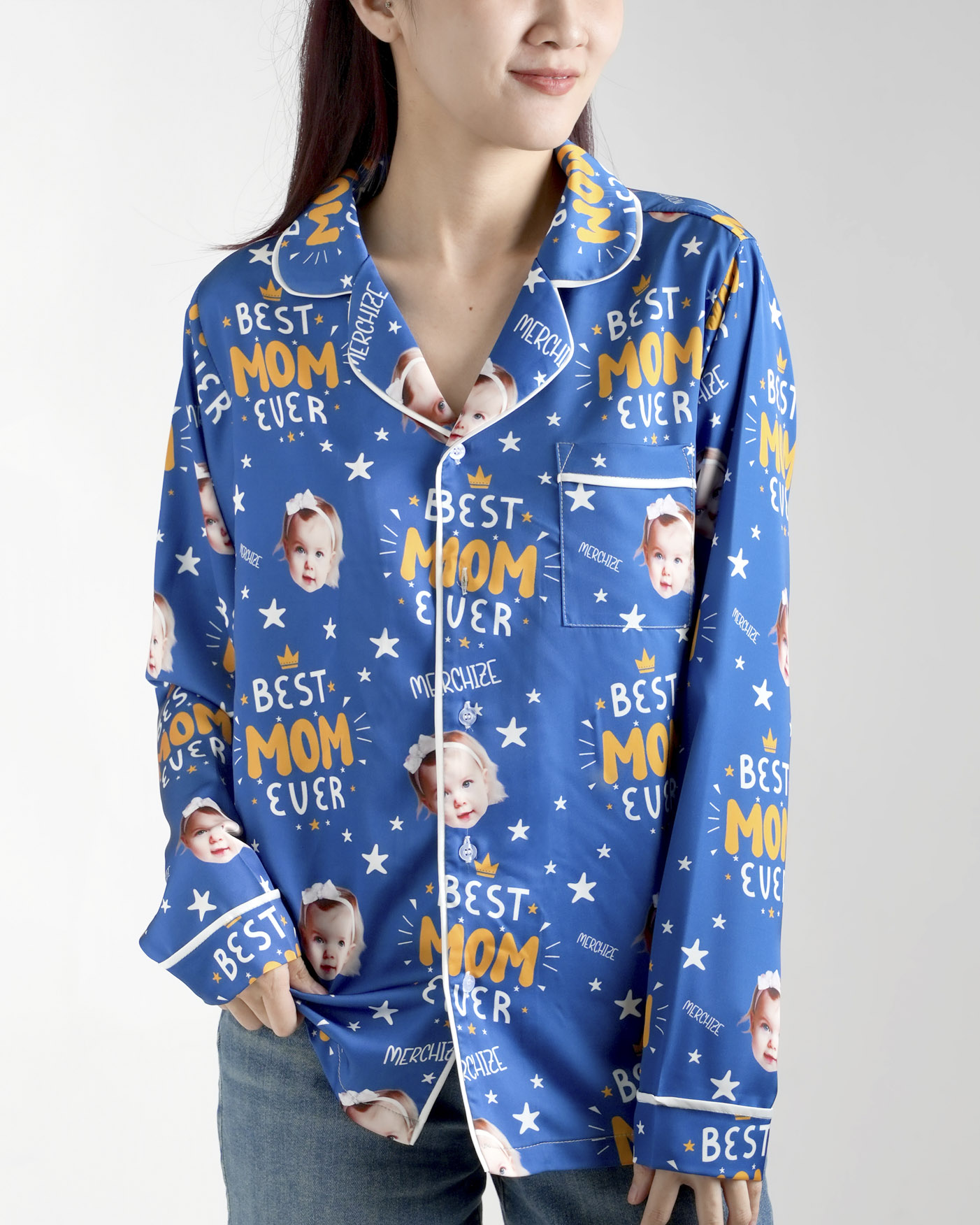 All-over Print Satin Long-Sleeve Pajama Shirt