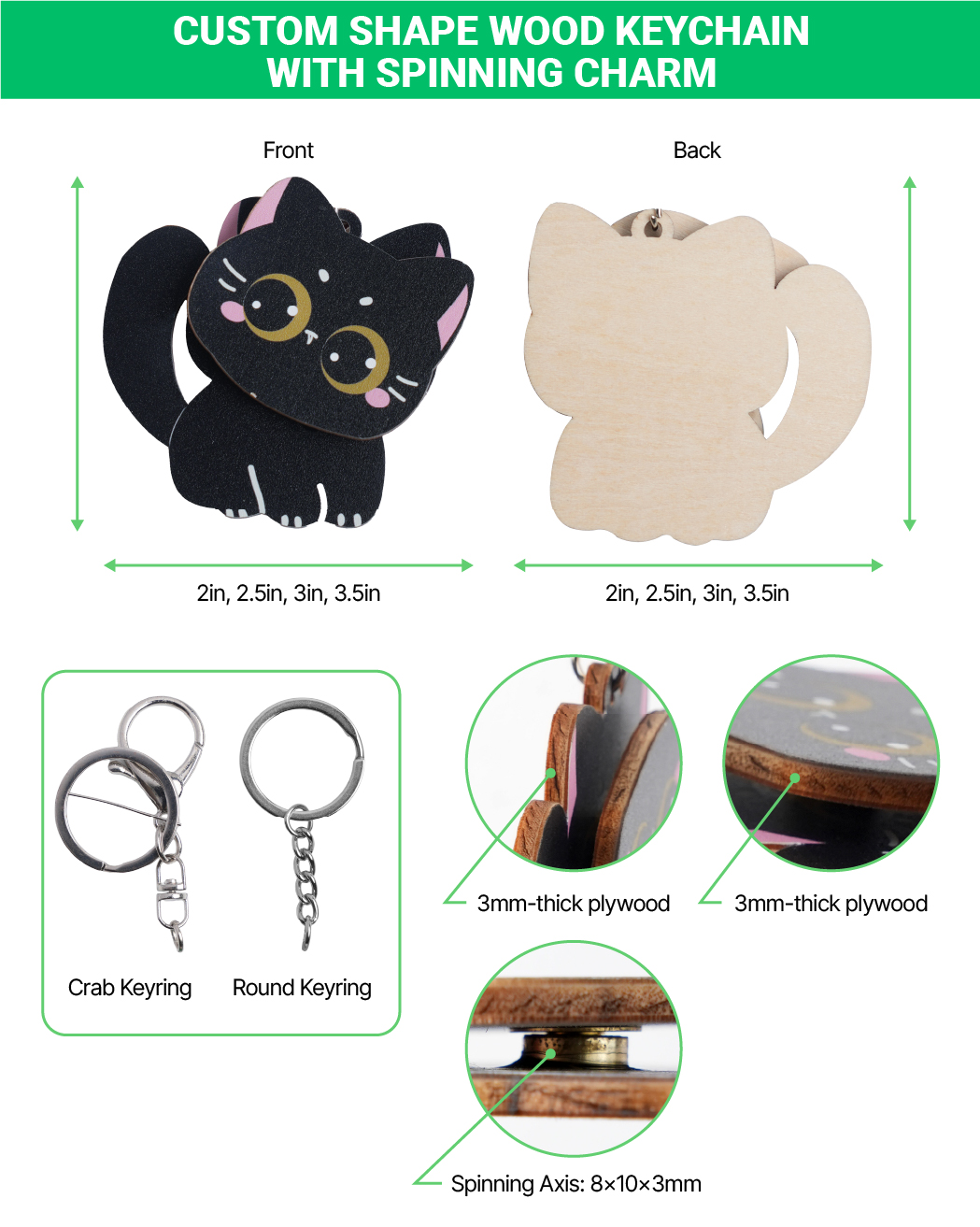 Custom Shape Wood Keychain With Spinning Charm