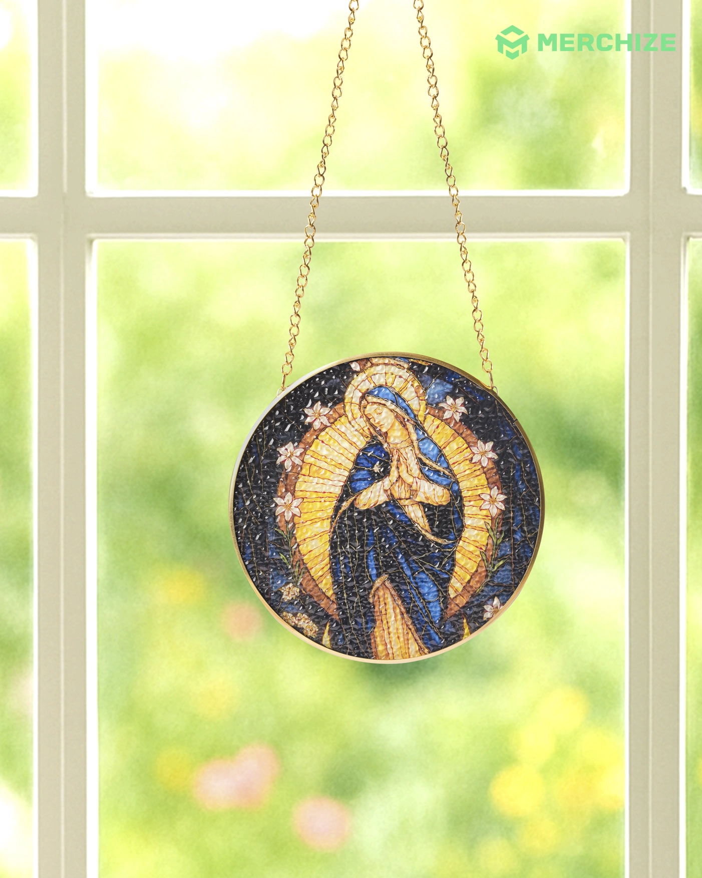 Stained Glass Suncatcher for Window Hanging (Golden Frame)