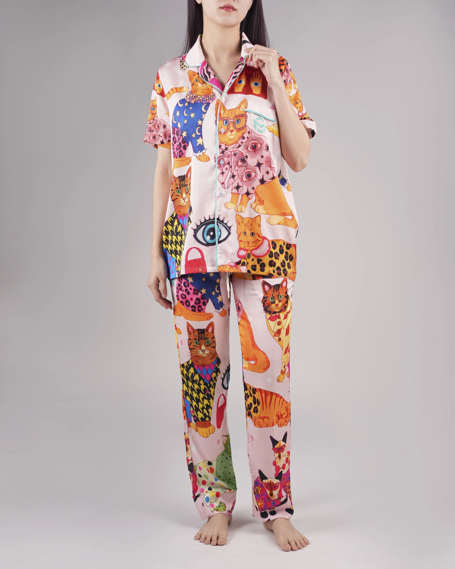 All-over Print Satin Short-Sleeve Pajamas Set with Long Pants