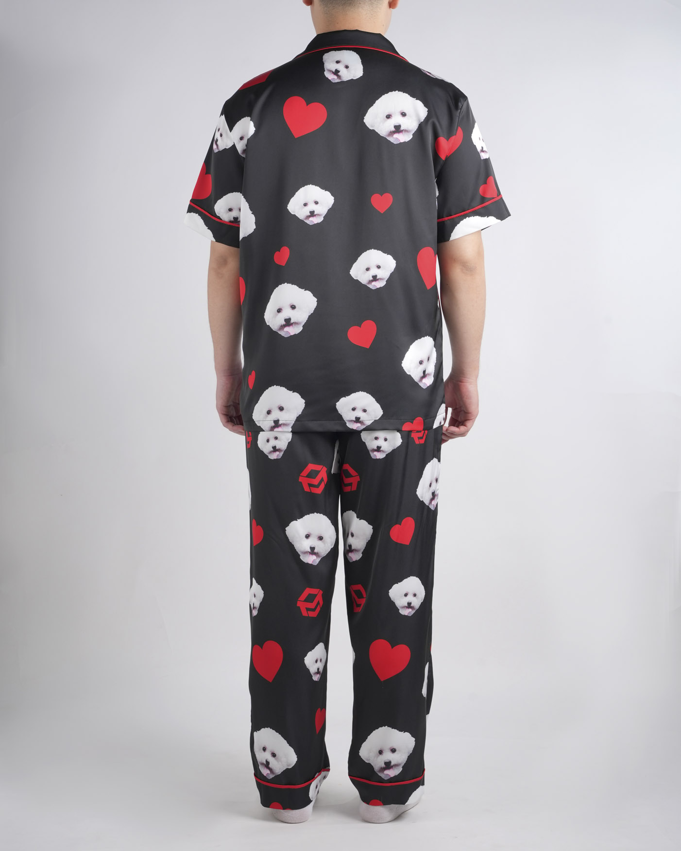 All-over Print Men's Satin Short-Sleeve Pajamas Set with Long Pants