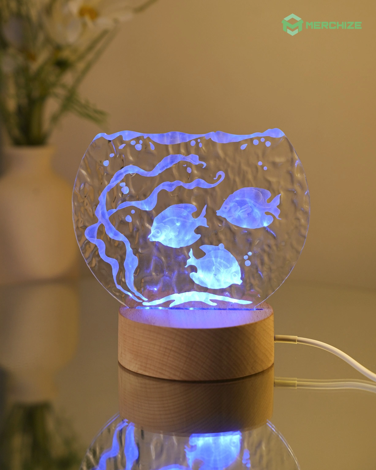 Engraved Custom Shape Wavy Acrylic Photo Night Light (Beech wood base)