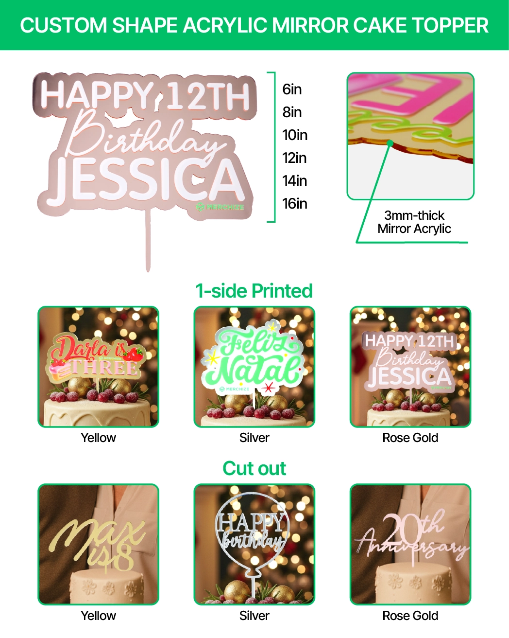 Custom Shape Acrylic Mirror Cake Topper