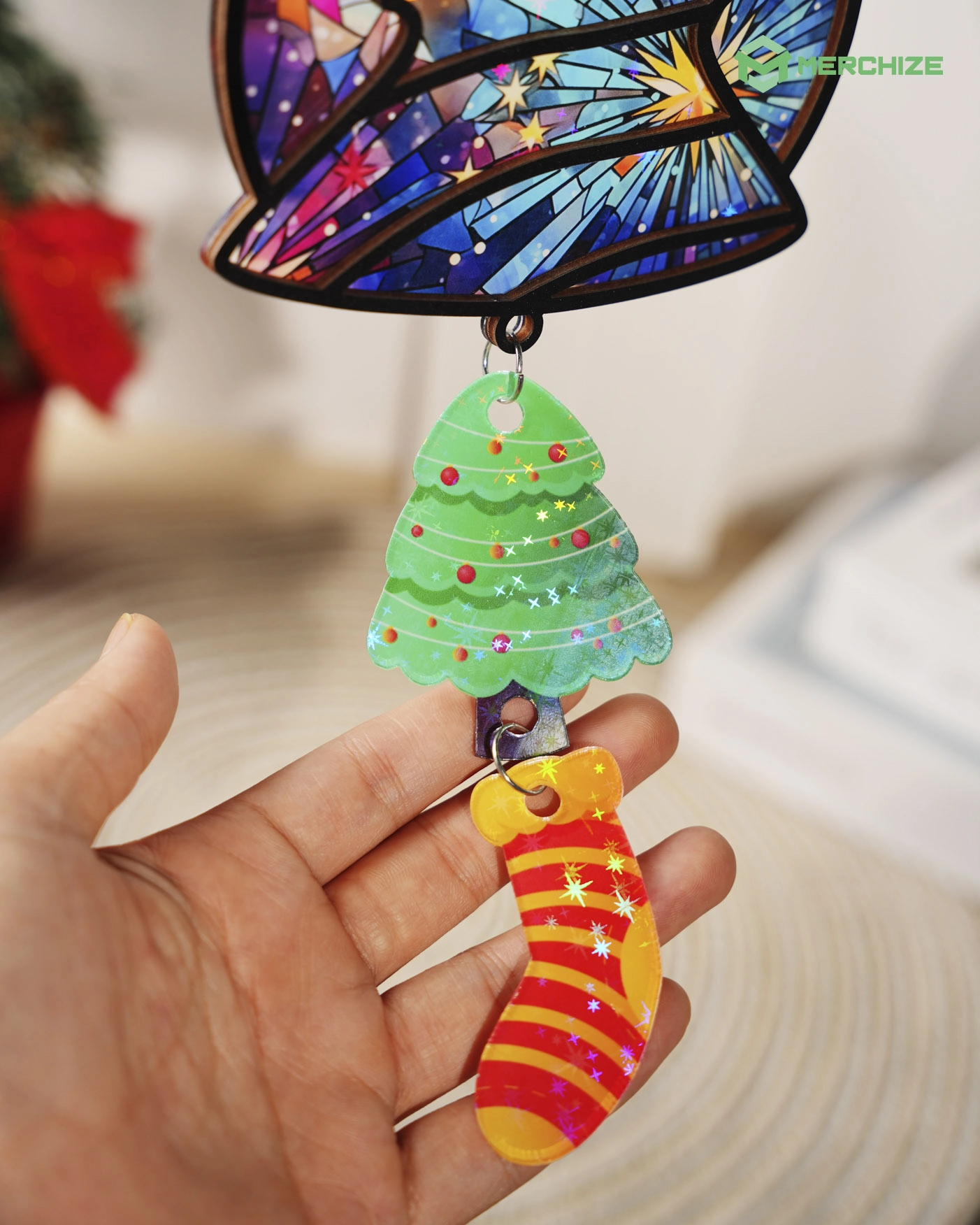 Custom Shape Wood and Hologram Acrylic  Ornament With 2 Charms
