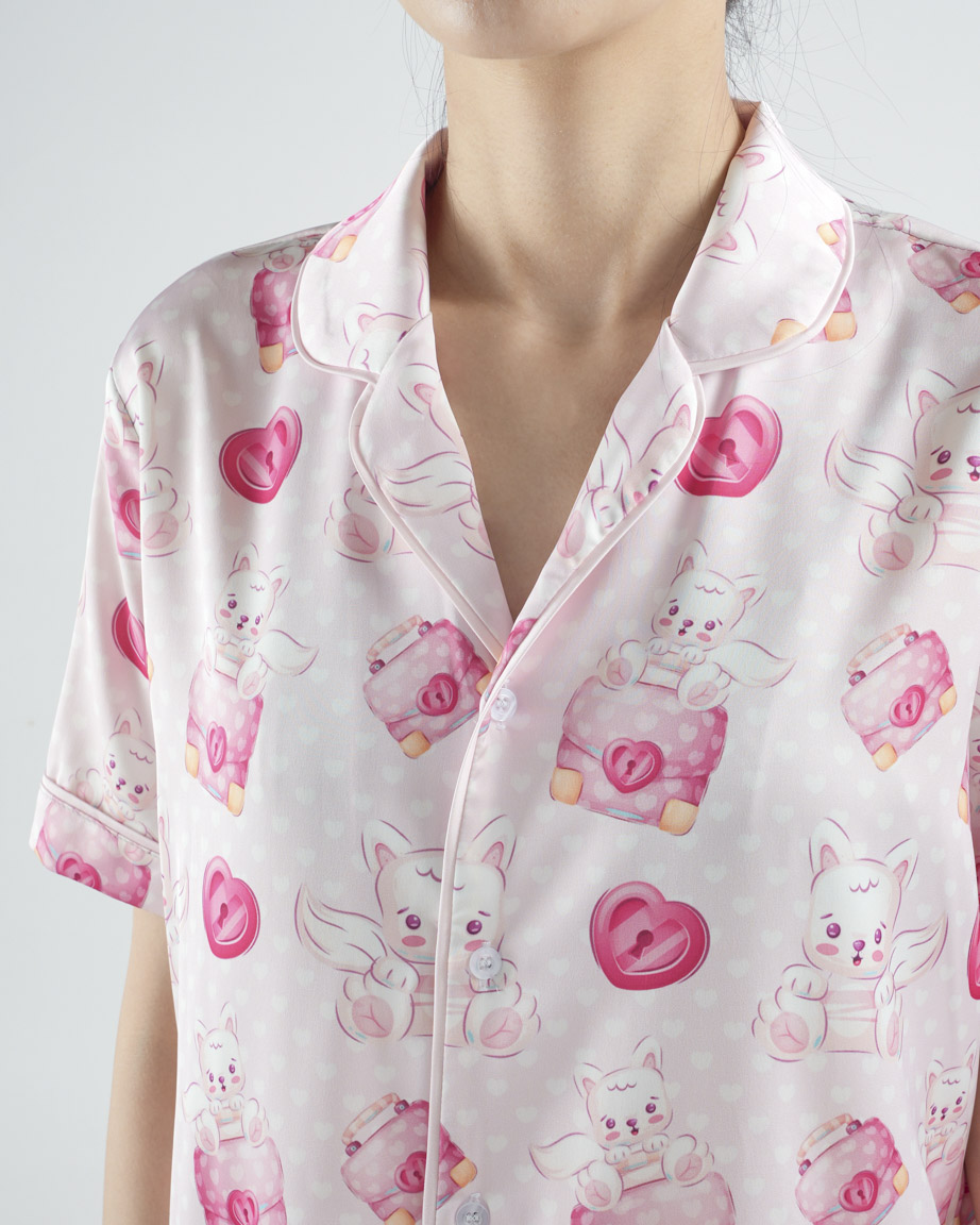 All-over Print Satin Short-Sleeve Pajamas Set (No Pocket)