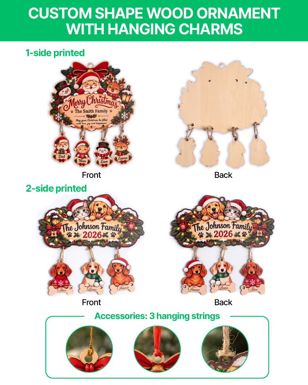 Custom Shape Wood Ornament With Hanging Charms
