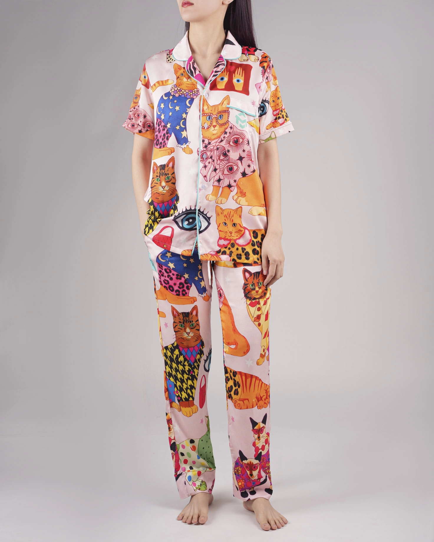 All-over Print Satin Short-Sleeve Pajamas Set with Long Pants