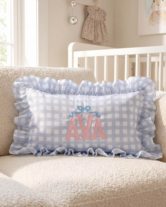 Embroidered Linen Pillow With Ruffles