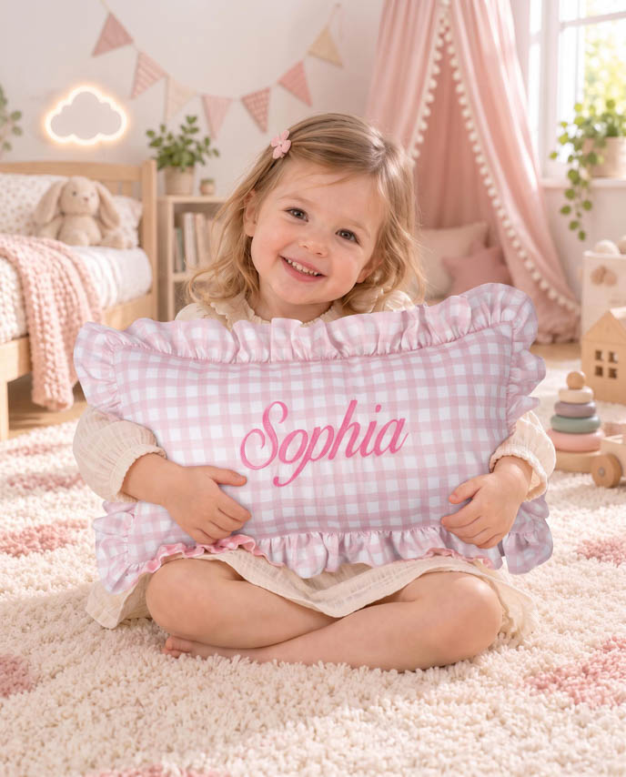 Embroidered Linen Pillow With Ruffles