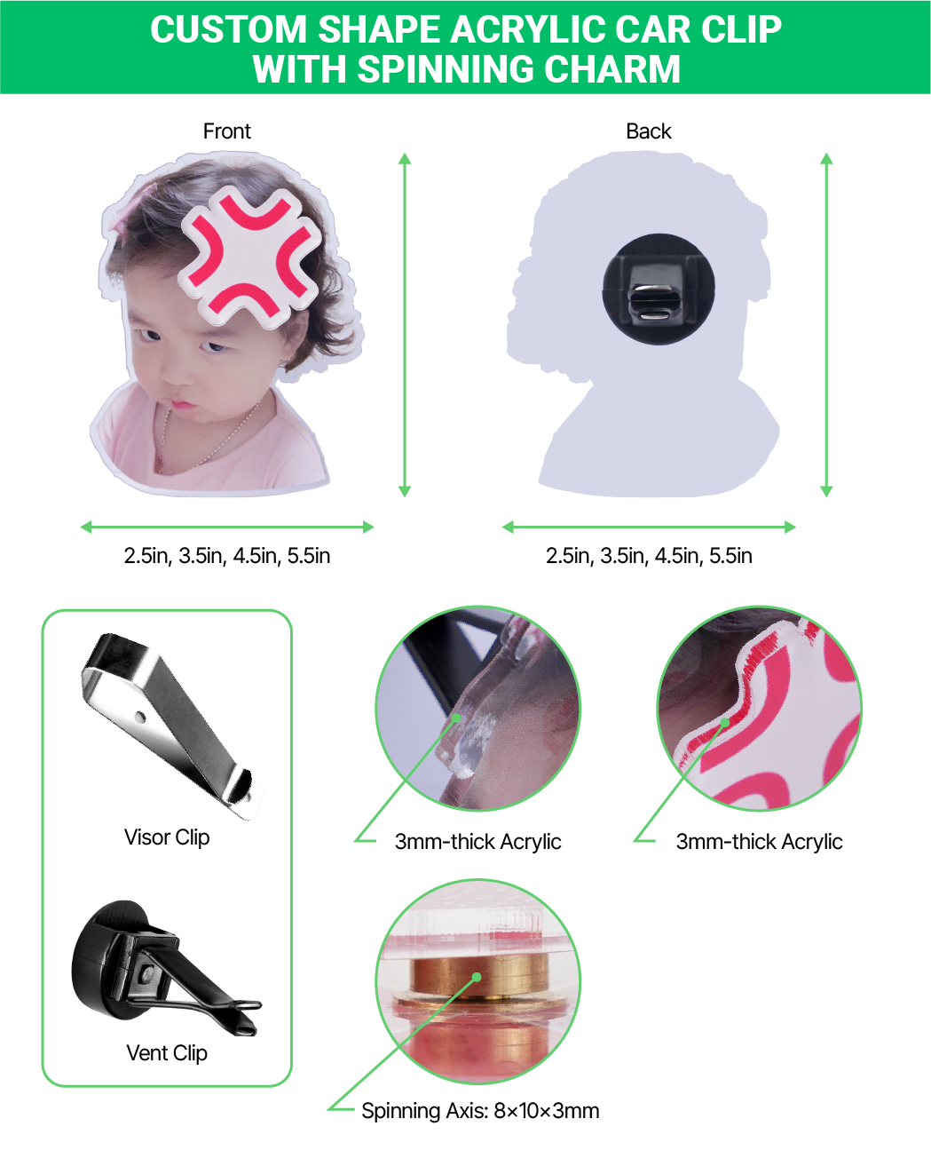 Custom Shape Acrylic Car Clip With Spinning Charm