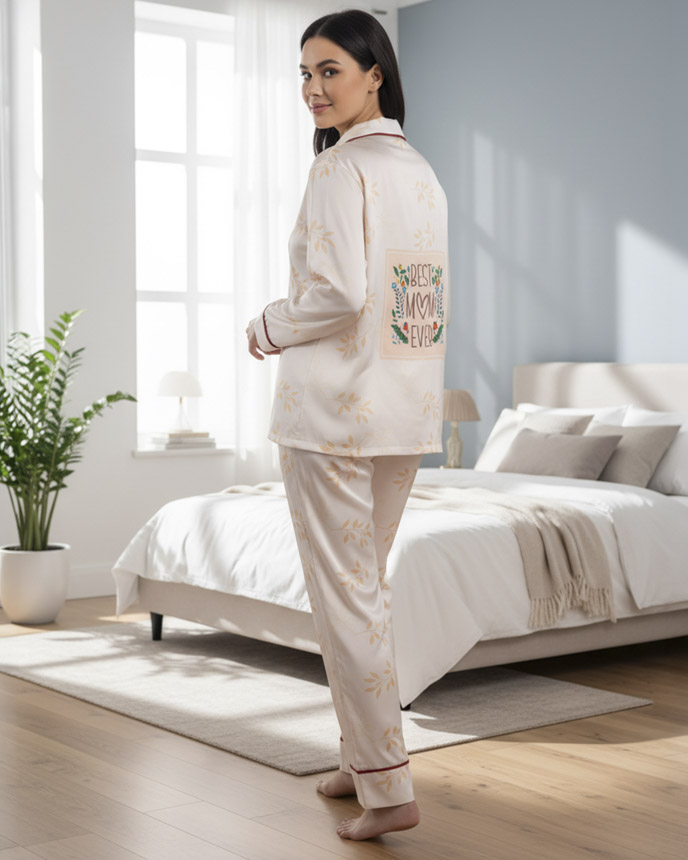 All-over Print Piping Satin Pajamas Set with Double Pockets