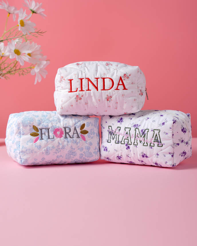 Embroidered Quilted Makeup Pouch