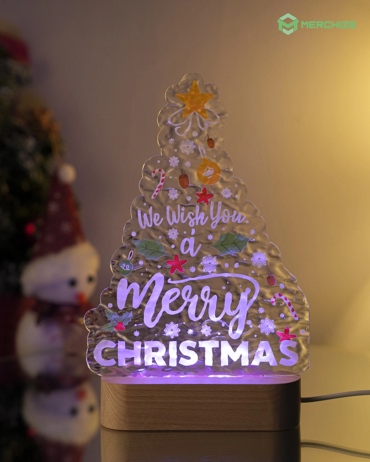 Engraved Custom Shape Wavy Acrylic Photo Night Light (Beech wood base)