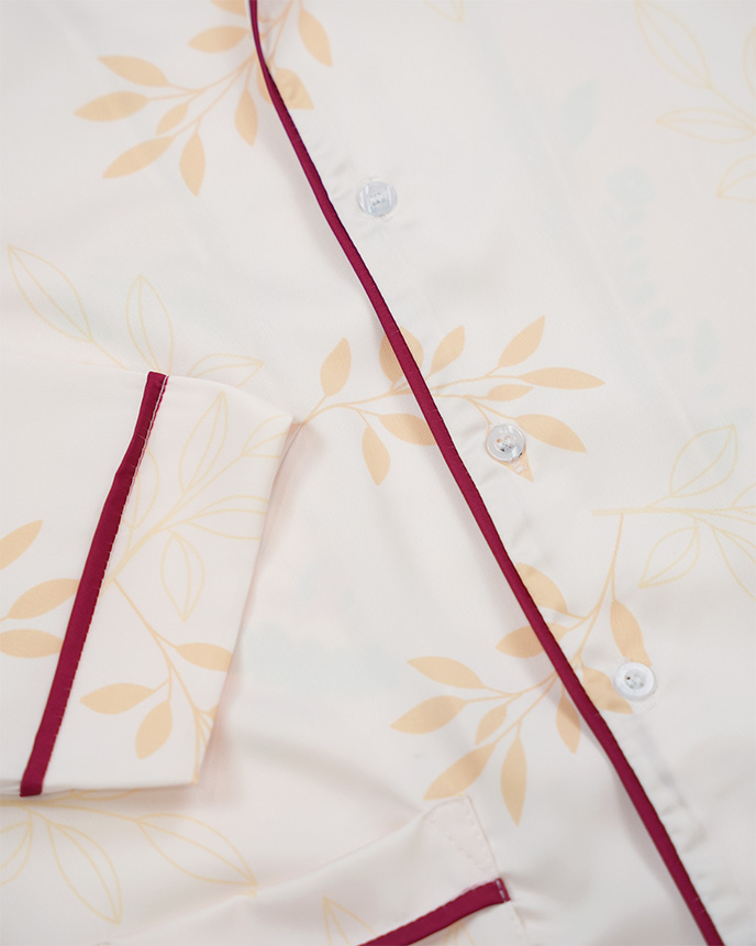 All-over Print Piping Satin Pajamas Set with Double Pockets