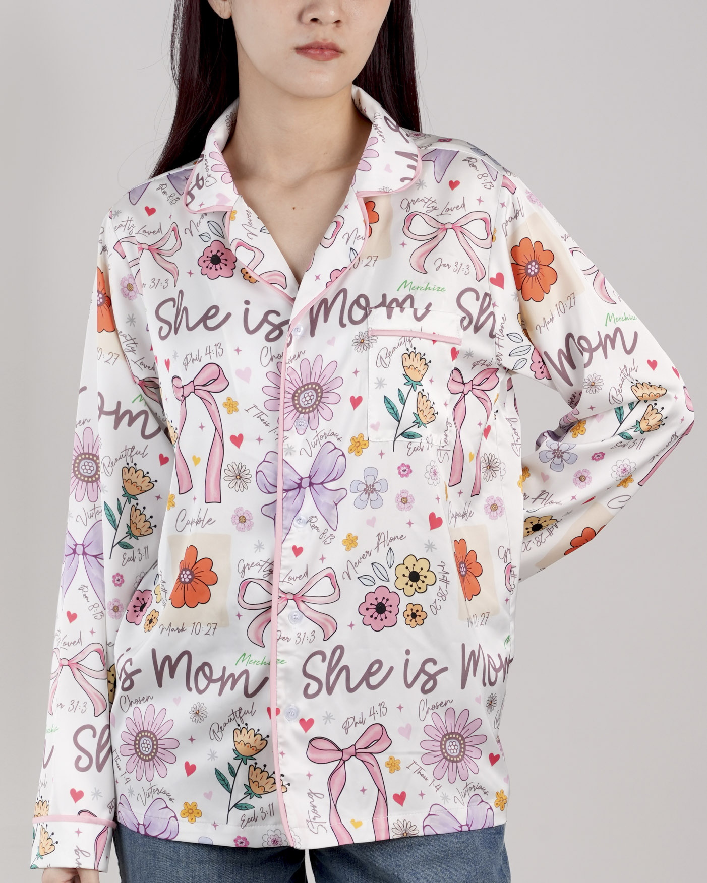 All-over Print Satin Long-Sleeve Pajama Shirt