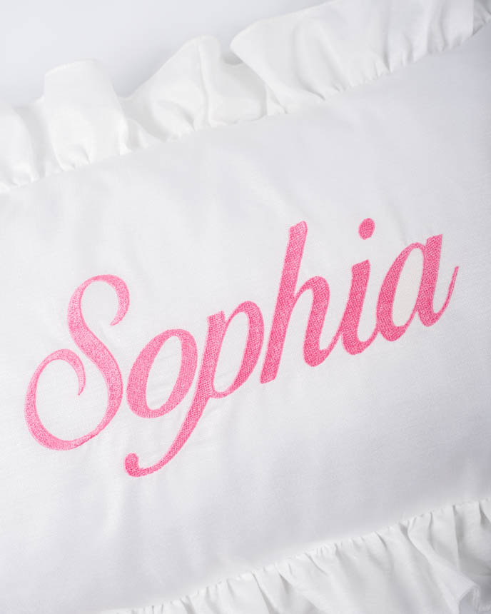 Embroidered Linen Pillow With Ruffles