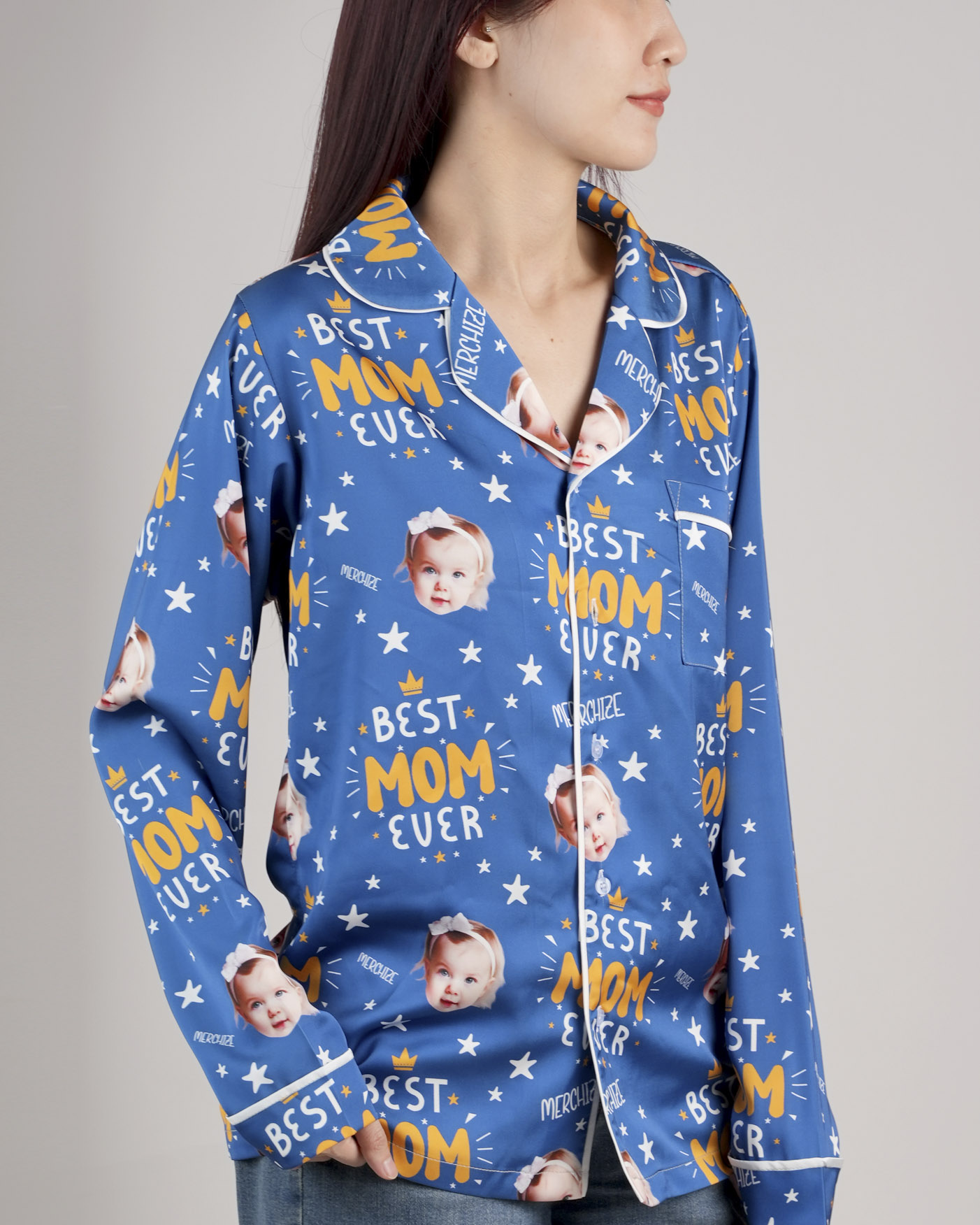 All-over Print Satin Long-Sleeve Pajama Shirt