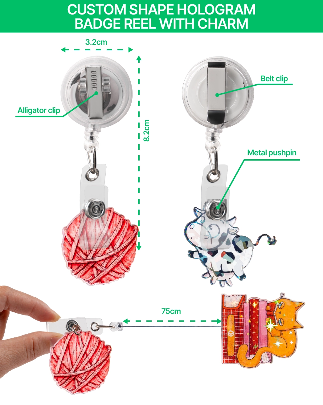 Custom Shape Hologram Badge Reel With Charm