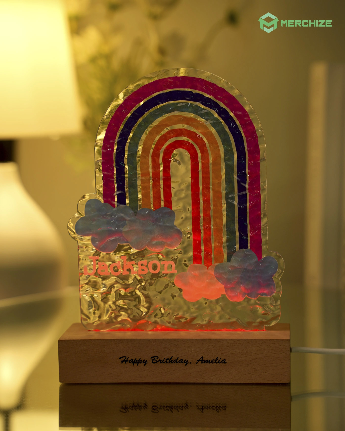 Engraved Custom Shape Wavy Acrylic Photo Night Light (Beech wood base)
