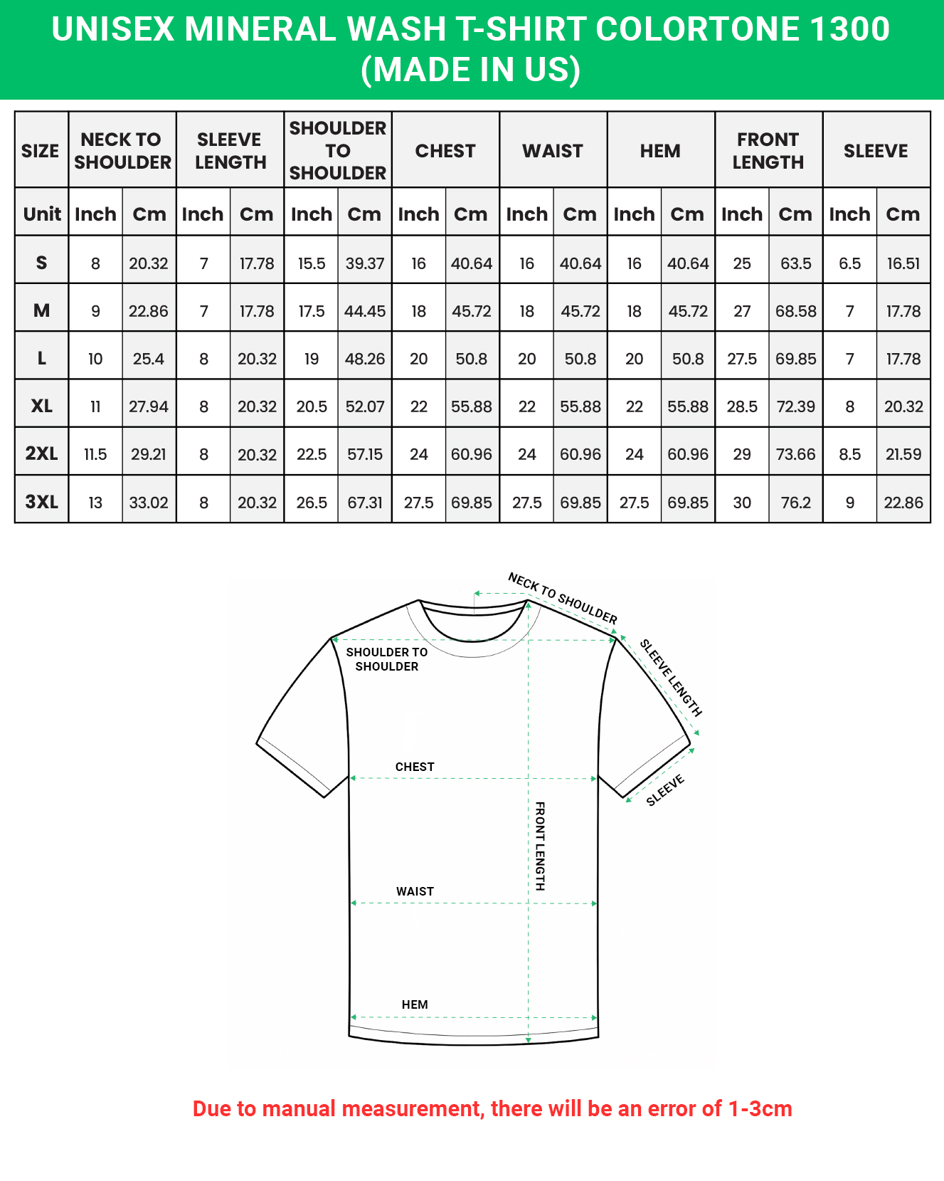 Unisex Mineral Wash T-shirt Colortone 1300 size chart