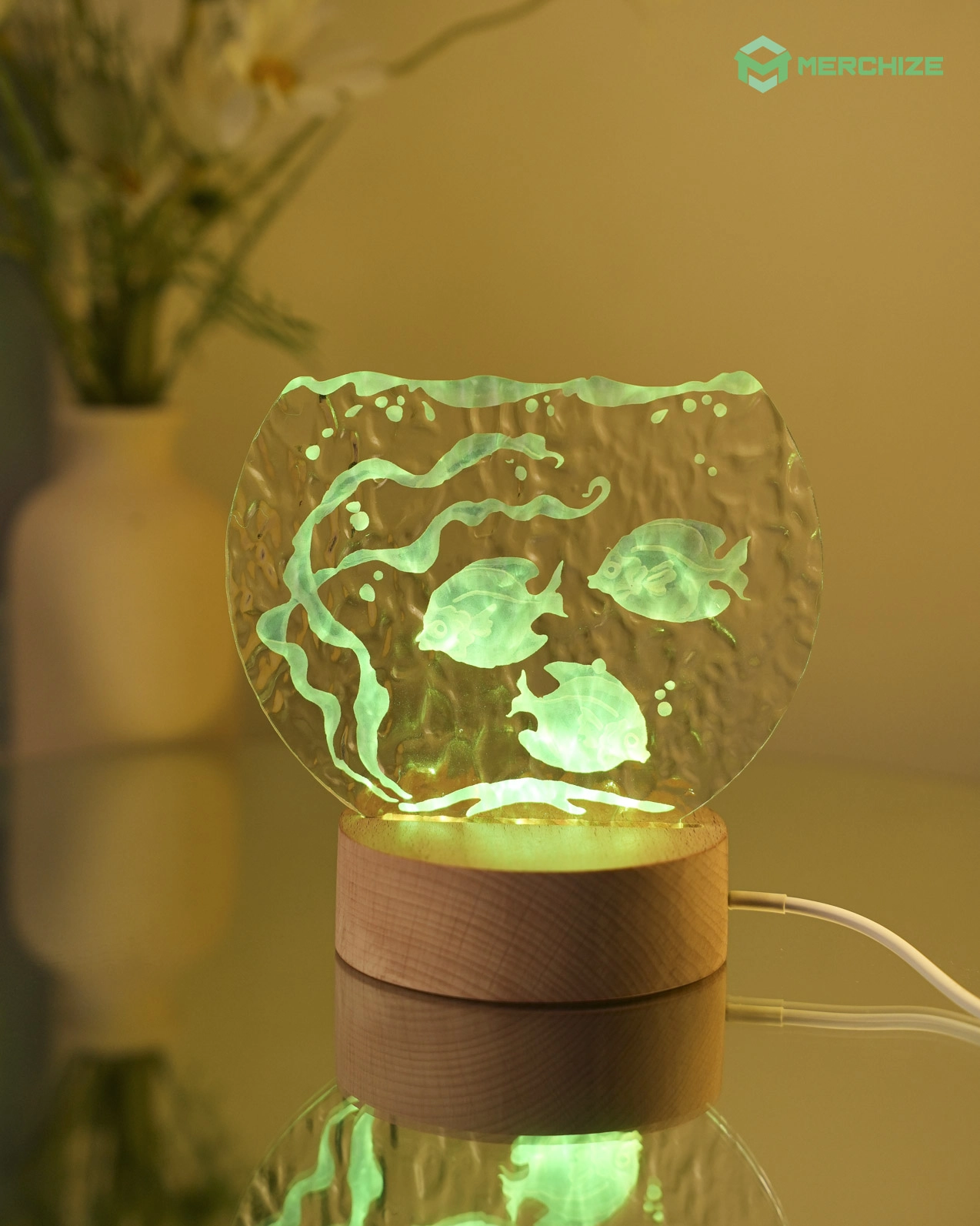 Engraved Custom Shape Wavy Acrylic Photo Night Light (Beech wood base)