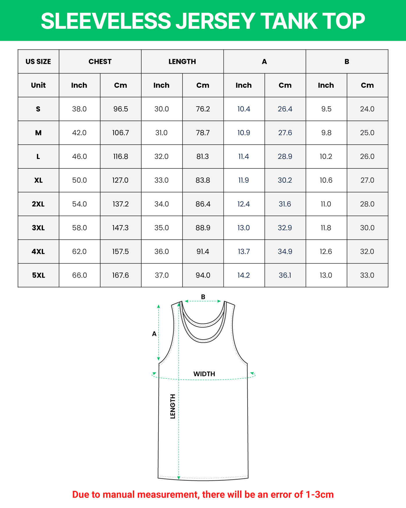 sleeveless jersey tank top size chart