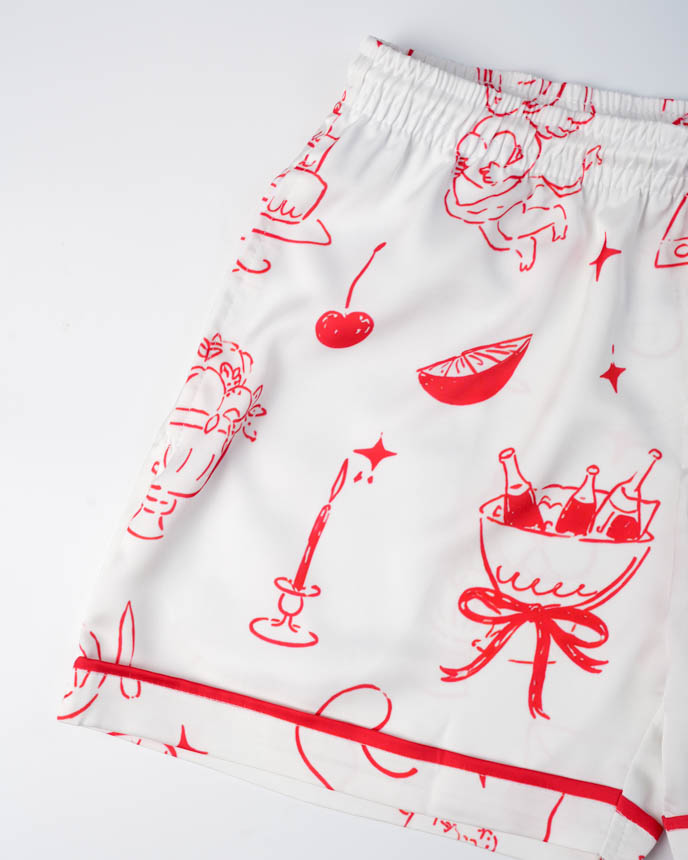 All-over Print Satin Short-Sleeve Pajamas Set (Loose Shorts)