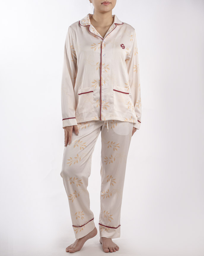 All-over Print Piping Satin Pajamas Set with Double Pockets