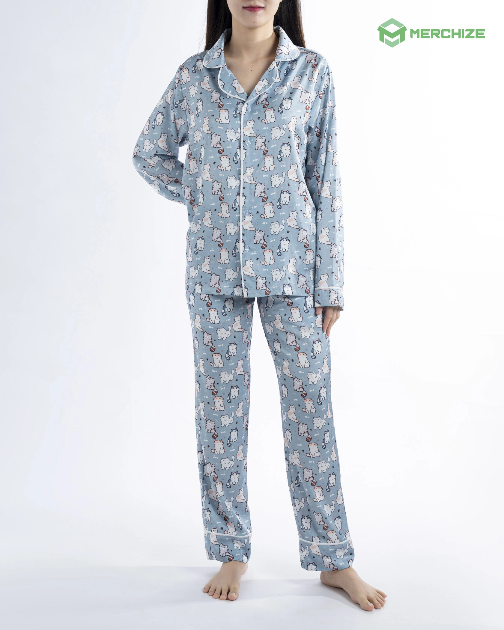 All-over Print Satin Pajamas Set (No Pocket)