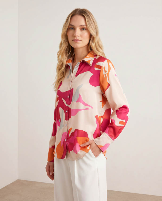 All-over Print Women’s Satin Button Down Shirt 