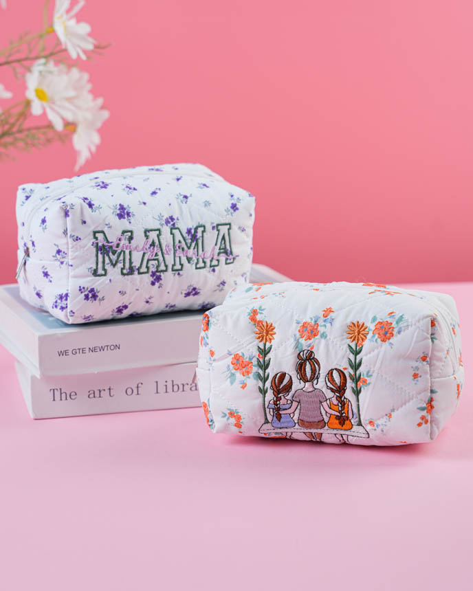 Embroidered Quilted Makeup Pouch