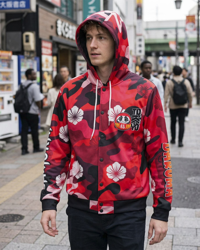 All-over Print Hooded Baseball Jacket