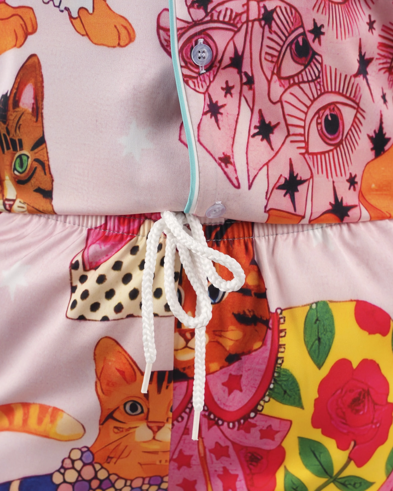 All-over Print Satin Short-Sleeve Pajamas Set with Long Pants